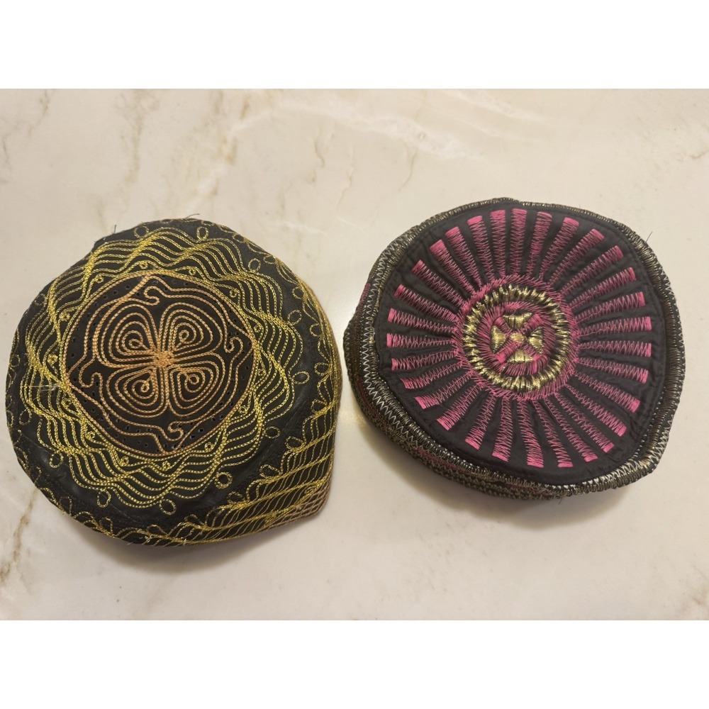 Lot of 2 Vintage Embroidered Kufi Prayer Caps Taqiyah Topi Size 55 Bangladesh
